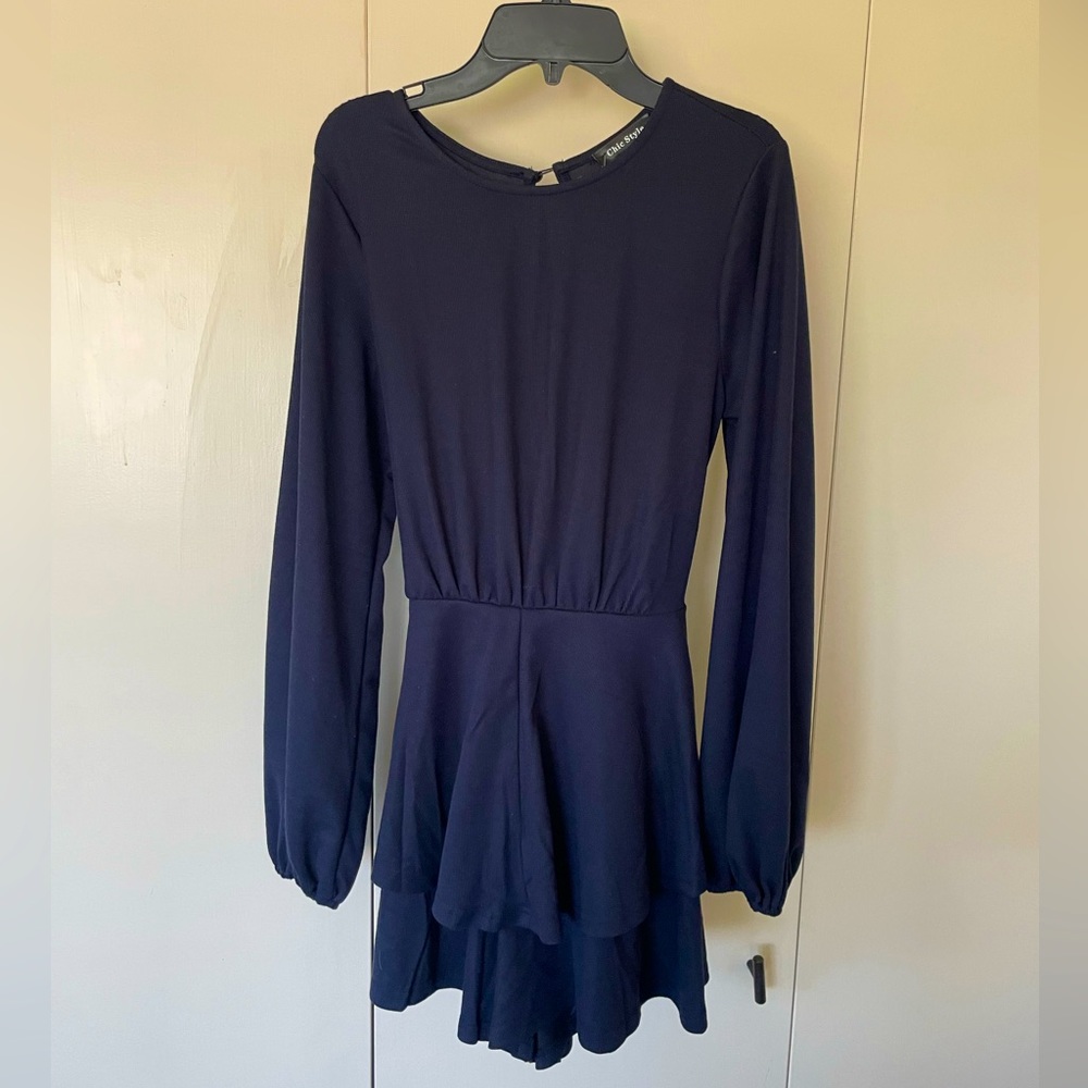 NWT Navy Blue Balloon Sleeve Romper Tie Waist Mini Dress Style M